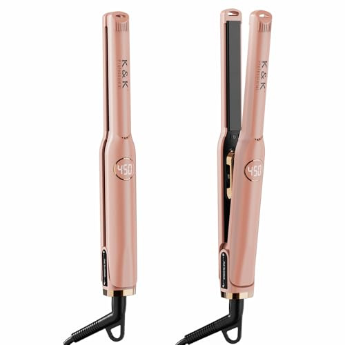 Mini 1/2 inch Flat Iron LED Display Tourmaline Titanium Ceramic Plate 4D 360°Swivel Small Hair Straightener for Woman Short Hair Adjustable Temperature Dual Voltage Auto Shut Off (Rose Gold, 0.5 Inch)