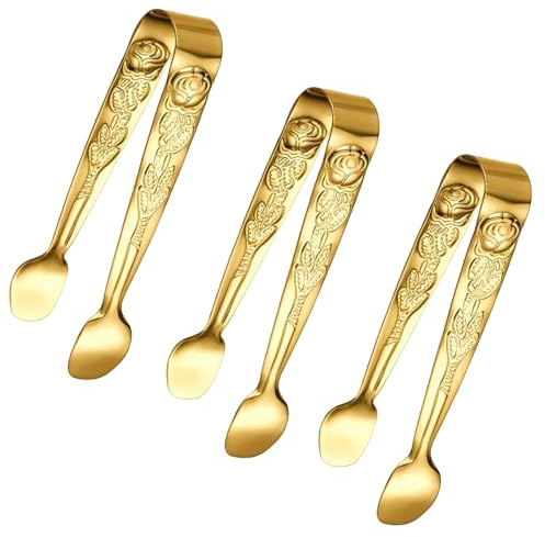 3PCS Mini Serving Tongs, 4Inch Rose Stainless Steel Sugar Cube Tongs, Sliver Small Ice Tong for Tea and Coffee Party, Appetizers, Desserts by Sunenlyst (Gold)