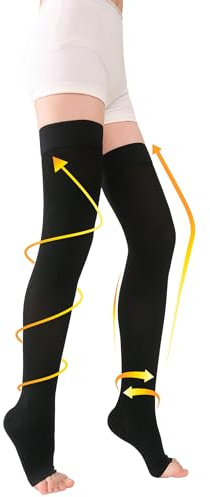 TOFLY® Oberschenkelhohe Kompressionsstrümpfe für Damen und Herren (Paar), offene Zehenpartie, blickdicht, feste Unterstützung, 20-30 mmHg, abgestufte Kompression mit Silikonband, Ödeme, DVT Black 3XL