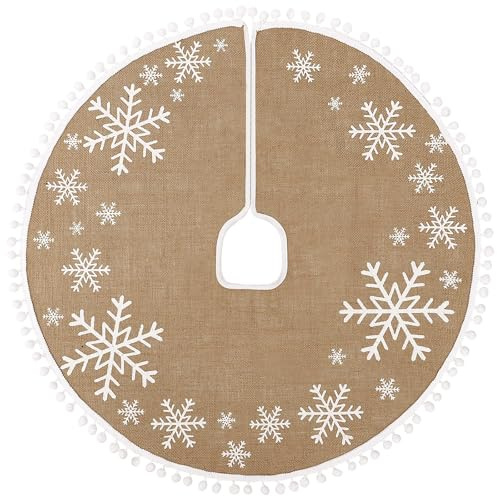 N&T NIETING Weihnachtsbaumrock, 76,2 cm, Jute, weiße Schneeflocken, Baumrock mit kleinen Pompons, Baumsockel-Abdeckung für Weihnachtsbaum, Weihnachtsdekoration, Khaki, 152
