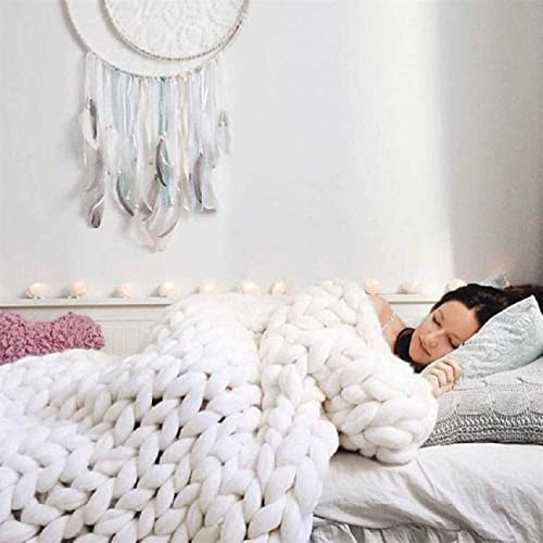 Riyueyi Manta de Punto Grueso Manta de Punto voluminosa de Lana Merino cálida y acogedora Manta de Ganchillo Hecha a Mano para sofá Cama Silla Alfombra para Mascotas,Blanco,80x100cm/31x39in