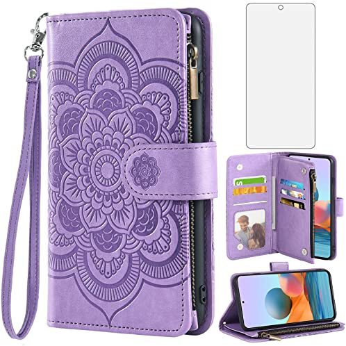 Asuwish Funda para Xiaomi Redmi Note 10 Pro/10Pro MAX con Cristal Templado Protector Pantalla Vidrio Pelicula Protectora Libro Cuero Piel Tarjetero Note10 ProMax M2101K6G Tapa Carcasa Capa Case Lila