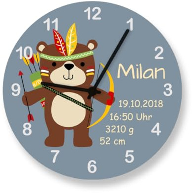 Geburtsuhr Kinderwanduhr Bär Indianer 25 cm Baby Geschenk Geburt Taufe Geburtsdaten Name Jungen Wanduhr