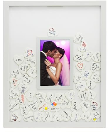 MIMOSA MOMENTS 80-Heart White Wedding Guest Book Alternative Frame, Autograph Picture Frame with 4x6 Photo Slot, Guest Book for Wedding, Bridal Shower & Baby Shower