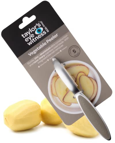 Premium Silver Straight Vegetable Peeler - Taylors Eye Witness, Great Kitchen Gadget, with Sturdy Zinc Aluminum Construction with Silver & Grey Colour, Glides Easily Over Apple, Carrot Or Potato