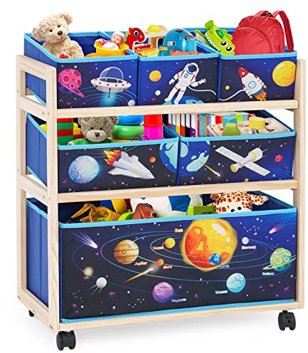 Kids Toy Storage Rack with Wheels, 6 Bins for Bedroom, Playroom, Blue | Large Toy Storage Unit - Hold Soft Toys, Books, Blankets, Organize