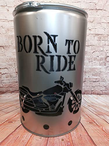 Fuchsbau Feuertonnen Feuertonne mit - Born to Ride - Motiv - Gefertigt aus neuem Ölfass - Besondere Feuerstelle für Garten und Terrasse - Hohe Feuerschale mit Rostoptik - 90 x 60 cm