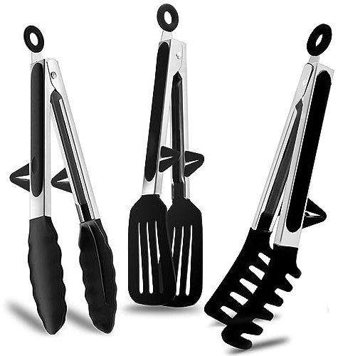 Edelstahl Küchen zangen mit Silikonspitzen, 3 Stück 23cm Grillzange Kochzange küchenzange für Salat, Kochen, Grillen, Schwarze