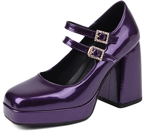 Bviennic Stylish Mary Jane Mujer Punta Quadrada Tacón Chunky Pump Plataforma Correa De Tobillo Fiesta Elegante Closed Toe Vestido Zapatos Morado Talla 38 Eu-39Cn