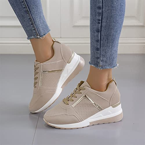 Oculto Tacón alto Cuña Zapatillas para Mujer Moda Plataforma Encaje Ligero Zapatos Señoras La Mejor Elección Transpirable Zapatillas Tenis Zapatillas para uso Diario ( Color : Beige , Size : 40 EU )