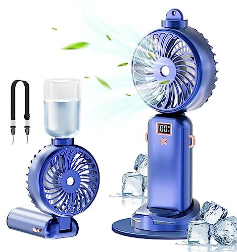 Handheld Fan Rechargeable Battery 5000mAh, Hand Held Fan with Water Mist Spray, Portable Fan Silent 5 Speeds, Hand Fan Folding USB, Spray Fan with Water Bottle, Mini Pocket Fans Electric (Blue)
