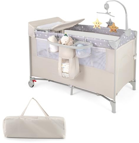 COSTWAY 5 en 1 Cuna Bebé con Ruedas Bloqueables, Cuna de Viaje con Cambiador, Juguetes Colgando, Caja de Música, Colchón y Bolsa de Transporte, Cama Infantil de 2 Niveles (Beige)
