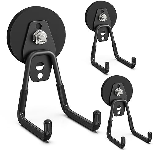 Lvoess Heavy Duty Storage Magnetic Utility Hooks Large Garage Magnet Hooks with Anti-Slip Coating for Metal Cabinet,Pegboard,Garage Shelve,Garden Tools (3PCS 2.59'' Black)