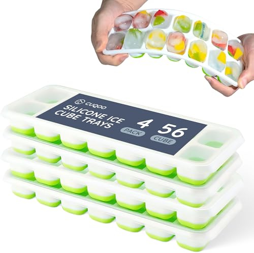 CUQOO Ice Cube Trays with Lids – Durable BPA-Free Freezer Moulds Made from Food-Grade Silicone, Easy-Release Design, LFGB Certified, Odour-Free, Rounded Rectangle, Reusable, 4 pcs Set, Green