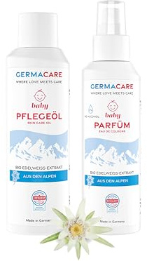 GERMACARE Massage Set – 150 ml Baby Pflegeöl – 150 ml Baby Parfüm für Neugeborene, Babys und Kinder - Babypflege mit natürlichen Inhaltsstoffen, vegan