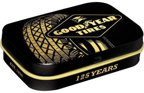 Nostalgic-Art Retro Pillendose, 4 x 6 x 1,6 cm, Goodyear – 125 Years Tire – Geschenk-Idee für Motor-Fans, mit Pfefferminz-Dragees, Vintage Design