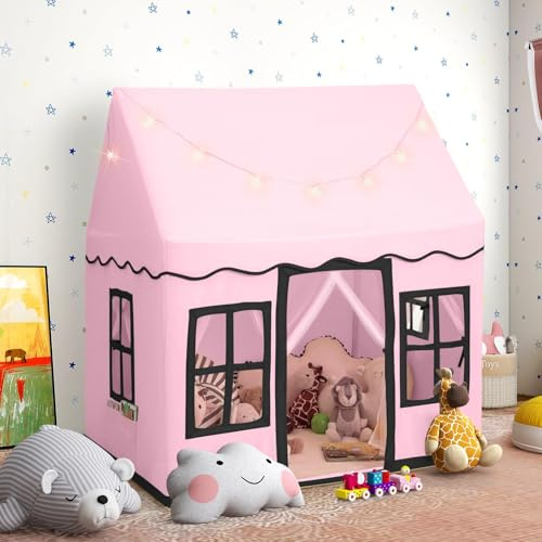 Tienda de Juego para Niños con Luces de Estrella LED y Tapete Antideslizante, Casita de Juegos para Niños con 2 Ventanas, Tienda de Juegos Interior y Exterior Infantil para Habitación de Juegos (Rosa)