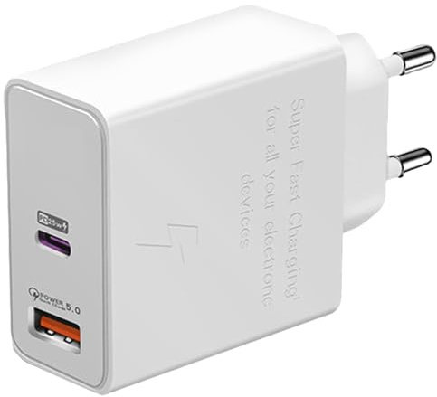 CABLEPELADO Cargador USB Doble PD Carga rápida, Adaptador de Corriente USB-C, Cargador de Pared de Carga rápida, Compatible con iPhone 15/14/13/Pro/Mini, Samsung, iPad, 45W, Blanco, Carga rápida