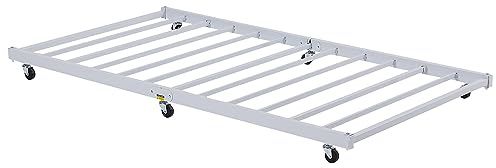 VECELO Twin Trundle Bed Frame Only/Roll Out/Enhanced & Up-Graded Metal Slats Support with Lockable Casters, Pure White