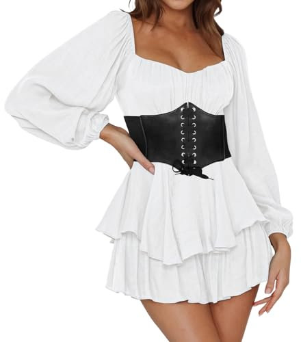 Damen Kleid Sommerkleider Freizeitkleid Minikleid Piratenkostüm Piratenkleid Langarm Puffärmeln Chiffon Tunika Rüschenkleid Swing Kleid Lässige Casual Strandkleid Partykleid für Frauen