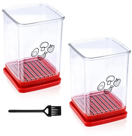 2uds Cortador Tazas Frutas, Rebanador de Tazas Rebanadora de Frutas con Cepillo Acero Inoxidable Cortador de Fresas Herramienta de Corte Manual para Ensalada de Huevo Plátano Utensilio Cocina