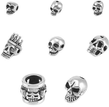 UNICRAFTALE 8 Stück 8 Stilen Totenkopf Perlen Halloween Abstandsperlen Edelstahl Antik Silber Lanyard Perlen Totenkopf Perlen Europäische Totenkopf Perlen Metallperlen Für Herstellung DIY Armbändern