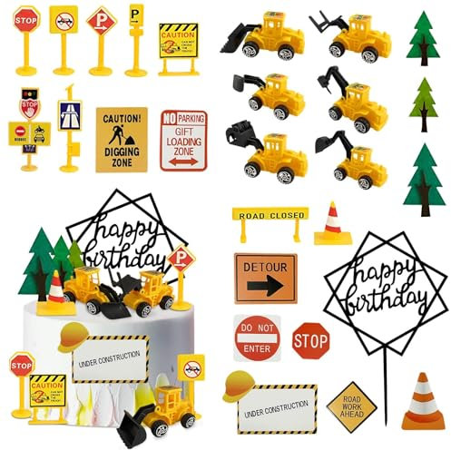 Tortendeko Baustelle, Bagger Kuchen Deko, Baustellenfahrzeuge Kuchen Deko, Junge Geburtstag Kuchendeko, verkehrsschilder kinder, Bagger Spielzeugauto, für Geburtstag Kuchendeckel (A)