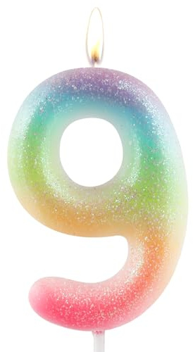 Vela colorida con purpurina para cumpleaños número 9, decoración de pastel para niñas y mujeres, decoración de fiesta temática colorida con purpurina, suministros de regalo de cumpleaños