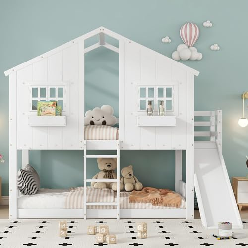 Zravenna Hochbett 90x200 mit Rutsche und Leiter, Hausbett mit Dach und Fenster, Etagenbett 2 Kinder, Fallschutz, Kiefer, Weiß