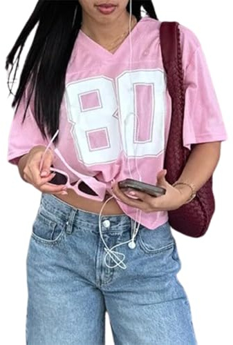 Magliette in jersey da donna Y2k con grafica oversize a numeri, maglietta con scollo a V a manica corta, top casual sportivo per strada, rosa, S