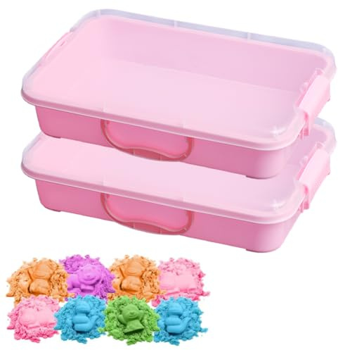 Pack of 2 Sandpit Sensory Bin with Lid and Handle for Sand - Portable Sensory Sandbox Container for Children, Plastic Tray for Sand, Sand Table Activity Tray for Toddlers (Pink)
