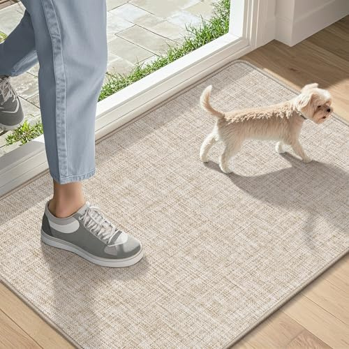 LEKEEPGO Ultra Thin Indoor Door Mat 17x29, Low-Profile Door Mat Indoor Entrance, Non Slip Rubber Backing Inside Doormat Washable Welcome Front Entryway Dirt Trapper Entry Mat, Khaki
