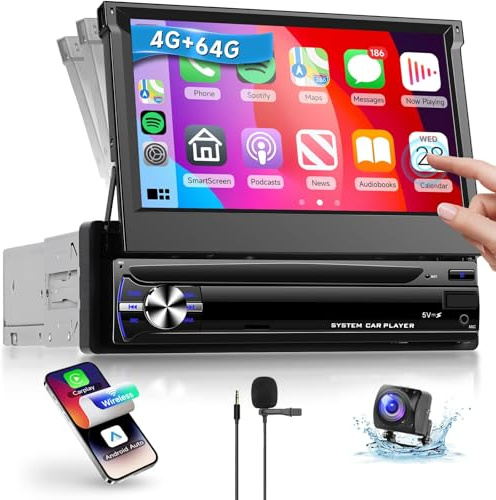 4G 64G Android Single Din Car Stereo with Wireless Carplay Android Auto Mirror Link Rimoody 7 Inch Flip Out Touch Screen GPS Navigation, WiFi, Siri, Bluetooth, EQ, FM RDS, Backup Camera