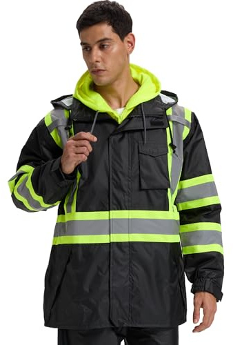 SRsafety Hi Vis Rain Jacket for Men,Waterproof Class 3 Safety Rain Suit with Removable Hood & Black Bottom,High Visibility Rain Gear with Interior Mesh Lining