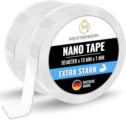 MEISTERWERK - Doppelseitiges Nano-Klebeband [EXTRA STARK] - Klebstofffrei & Spurlos dank Gecko-Effekt I Rutschfest - Waschbar & Wiederverwendbar
