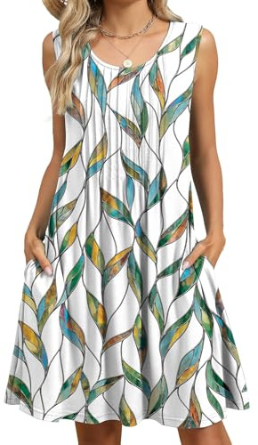 FUNSEED - Vestido de verano para mujer, vestido de verano amplio con cuello redondo sin mangas, vestido largo sin tirantes fluido estampado con bolsillo, XL