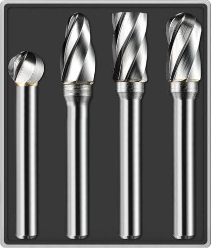 4Pcs Carbide Burr Set 1/4 Shank Aluminum Cut (Wide-Flute Cut) Die Grinder Bits Rotary Tools Attachment Kit Rasp File Accessories Metal Wood Stone Steel Grinding Deburring Cutting Porting Carving
