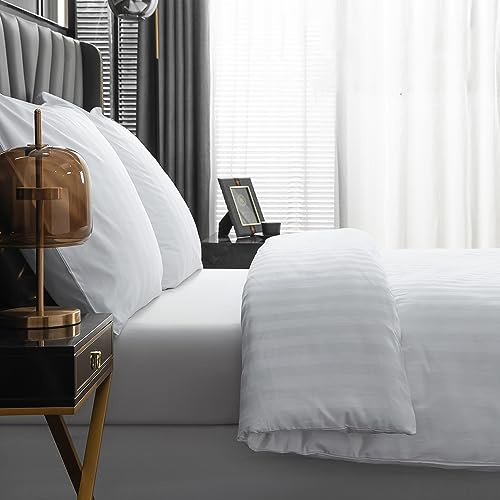 Hotel Bettwäsche 135 x 200 Baumwolle Weiß Satin mit Damast Streifen 4teilig | Amolavet Mako Satin Bettwäsche 135 x 200 Weiss aus 100% Baumwolle mit Reißverschluss Luxus Hotelbettwäsche für Ganzjährig