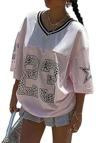 Cusghjbsg T-shirt de basket-ball pour femmes d'été à manches courtes col en V avec impression de numéro - Hauts amples maillot surdimensionné pull ample streetwear, XL