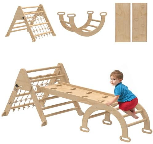 AIYAPLAY 8 en 1 Triangle d'escalade Enfants avec Rampe Double Face, Arc d'escalade en Bois peuplier avec Toboggan & échelle, Charge 50 kg pour Glisser ou Grimper pour bébé de 18 à 48 Mois, Naturel