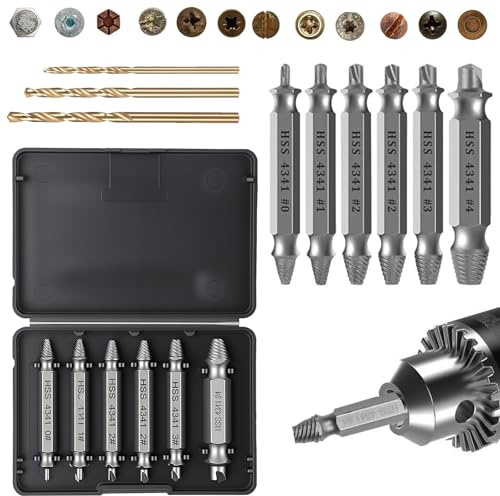 9PCS Damaged Screw Extractor Set, Bolt Extractor Set, 6 PCS HSS 6542 Screw Extractors Remover Kit and 3 PCS Twist Drill Bit Kit General Bit Set Double Ended for Damaged Broken Stripped Screws