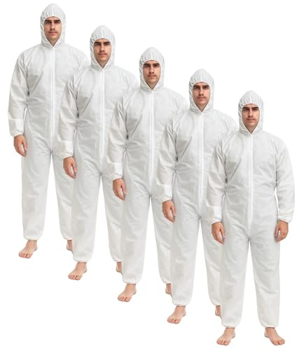 Disposable Boiler Suit, Hazmat Suit Disposable Coverall Heavy Duty Full Body Painters Suit for Men & Women Protection Suit Elasticated hood Cuffs and Ankles (Pack of 5)