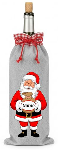 Personalisierter Flaschenbeutel Weihnachten mit Weihnachtsmann & Wunschnamen auf Geschenke-Sack – Filz Geschenkverpackung für Weinflasche & Spirituosen