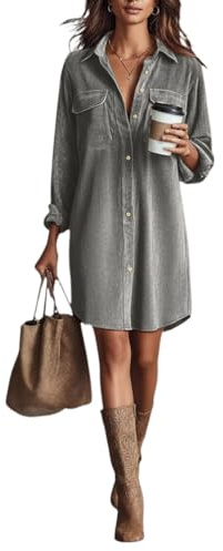 Minetom Robe Chemise en Velours Côtelé Femme Automne Hiver Décontractée Manches Longues Robes avec Boutons Poches A Gris XL