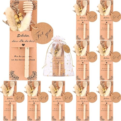 Chsukozic 10 Sets Gastgeschenke Hochzeit Dankeschön Geschenke Kleine Honiglöffel “schön das du da bist” – Hochzeit Gastgeschenk Personalisiert Kleine Gastgeschenke mit Trockenblumen