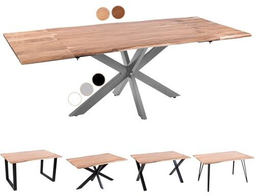 SAM Esstisch Avino 220(320) x100 erweiterbar Akazie Natur Spider Silber | Baumkantentisch massiv, Akazienholz naturfarben, ausziehbar mit Ansteckplatten