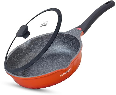 INTIGNIS Sartén antiadherente profunda con tapa - 3 en 1: sartén, cacerola y mini wok - revestimiento cerámico GREBLON | Apto para inducción | Fondo de acero inoxidable | Sin PTFE y PFOA (Naranja, 24
