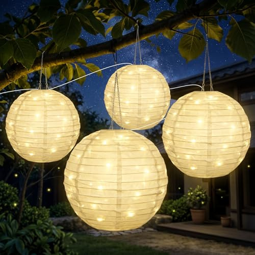 Bawoo Solar Lampions Außen mit 40 Warmweiße LEDs Solar LED Laterne 8 Beleuchtungsmodi, Hängende Solarbetrieben Gartenlaterne 5M langes Solarkabel für Unter Bäumen, in Höfen, auf Balkonen (4Stück 30cm)