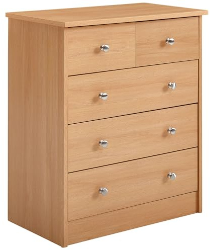 Wohnling Kommode 60x35x70 cm Buche mit 5 Schubladen | Sideboard flach zeitlos, Mehrzweckanrichte für Flur und Schlafzimmer, Schubladenkommode mit klarer Formgebung