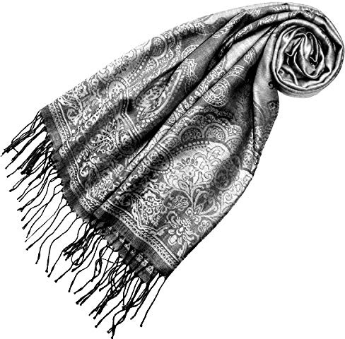 LORENZO CANA Designer dam pashmina hög kvalitet marksjal i silver grå jacquard vävt paisleymönster 70 cm x 180 cm modal harmoniska färger halsduk duk 93230